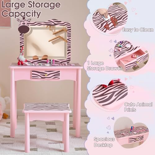 Image of Princess Vanity Table with Lights,Princess Makeup Vanity Desk with Storage Drawer, 2 in 1 Vanity Table & Chair Set with Mirror for Girls (Zebra)