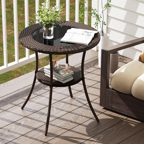 Image of Giantex Round Rattan Wicker Outdoor Coffee Table Glass Top Steel Frame Patio Furniture W /Lower Shelf (Round)