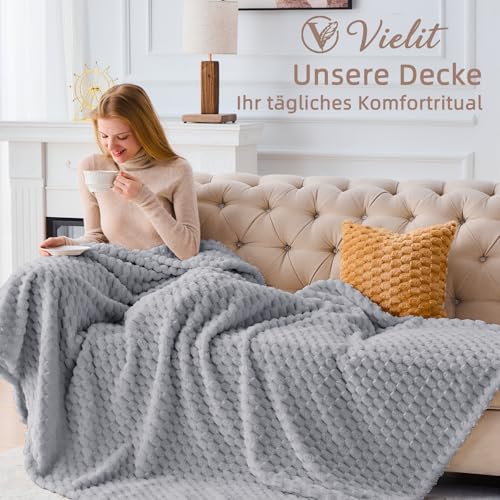 Vielit Kuscheldecke Flauschig 220x240 cm – Ultraweiche Fleecedecke für Couch & Sofa, Warme Wohn- & Kuscheldecke, Leichte Sofadecke, Gemütliche Couchdecke, Atmungsaktiv & Pflegeleicht Decke Grau