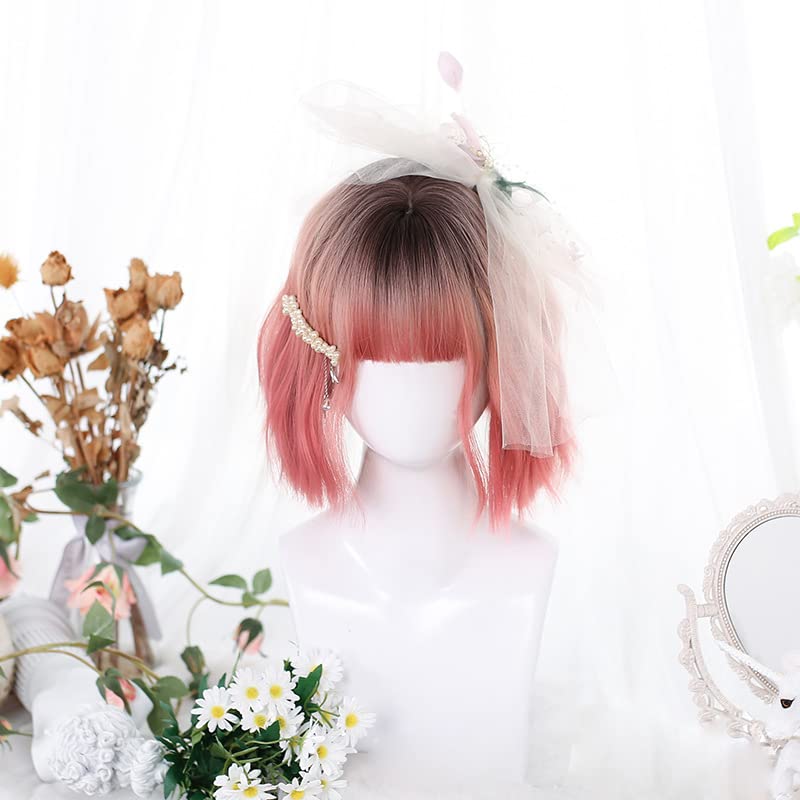 Ombre Pink Lolita Wig Natural Wavy Black Rooted Mixed Pastel Rose Pink Wigs Synthetic Heat Resistant Curly Hair for Women