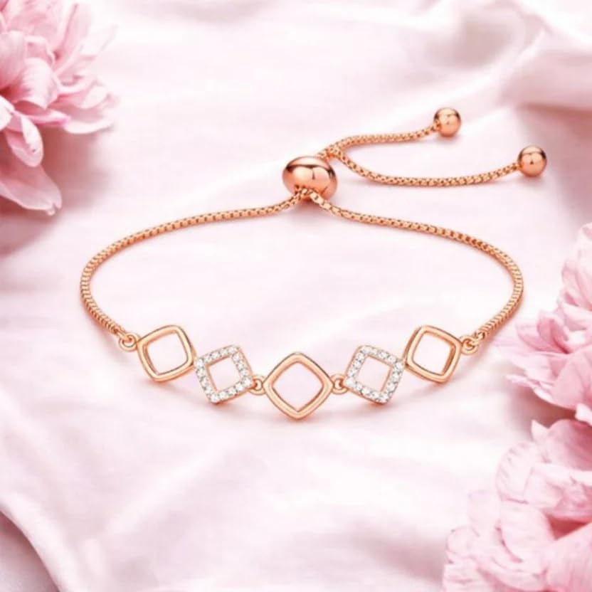 Image of Nilu's Collection Rose Gold & Silver Plated American Diamond Adjustable Bracelet, Stylish Fashion Jewellery Gift for Women
