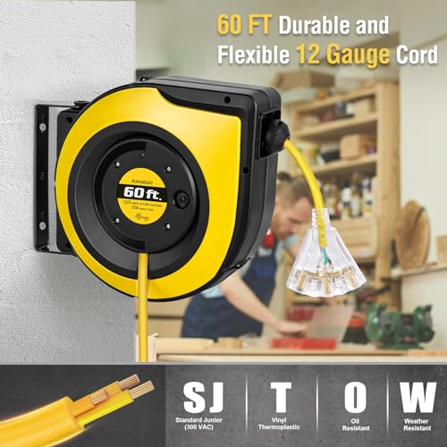 SURAIELEC 12 Gauge Extension Cord Reel, 60 FT Retractable Extension Cord, 12 AWG/3C SJTOW Heavy Duty Power Cord, 15 AMP Circuit Breaker, Lighted Triple Tap, Ceiling or Wall Mount, UL Listed