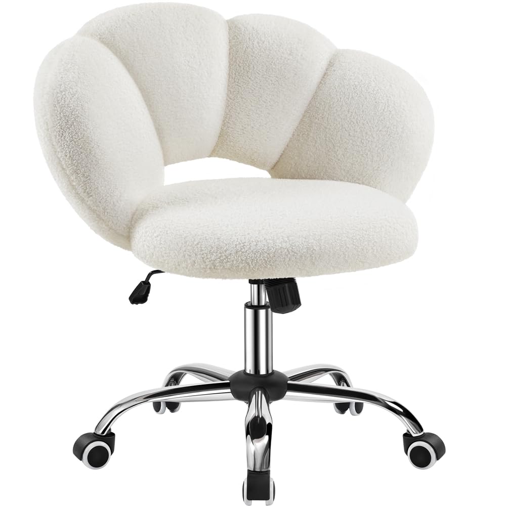 Yaheetech Silla de Escritorio Silla de Oficina Ergonómica sin Brazos Tapizada Blanca con Ruedas Giratorias Respaldo Diseño Nube en Tejido Bouclé Altura Ajustable