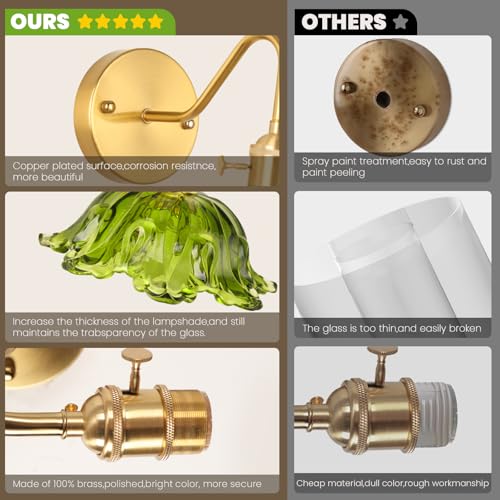 Image of Battery Operated Sconces Set of 2, Vintage Wall Light with Remote, Rechargeable Wall Sconces RGB, No Socket Required Brass Green Glass Lampshade Fixtures, Wall Sconce for Bedroom, Aisle etc