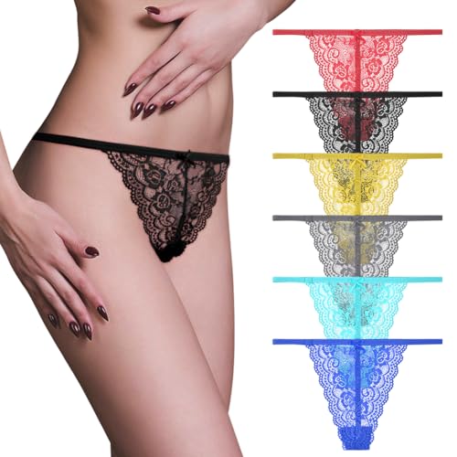 AUYAO Tangas de Encaje para Mujer, 6 Pcs Tanga Mujer Sexy Hilo, T Bragas Sin Costuras Cintura Baja Braguitas Varios Patrones de Encaje y Colores, XL