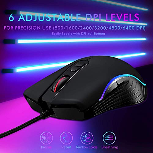 Mouse ottico con cavo USB (1.5m), DPI regolabile fino a 6400, 7 pulsanti, LED - Mouse gaming - Immagine 3