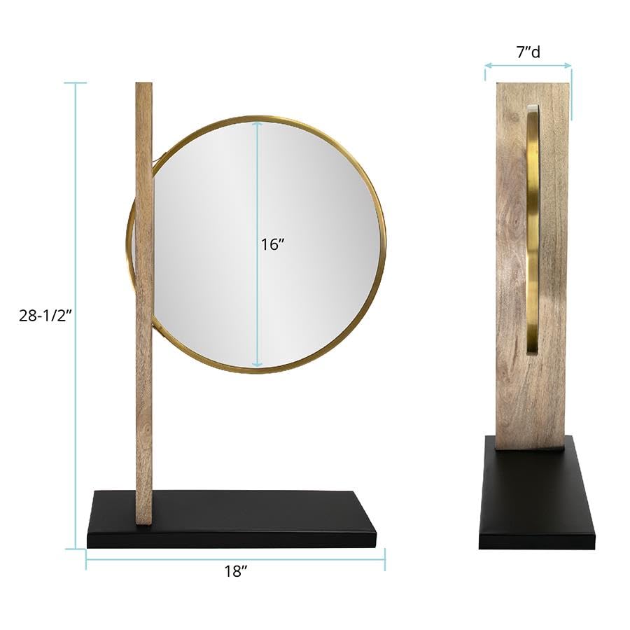 Image of Howard Elliott Collection Skoda Round Tabletop Mirror with Stand, Vanity Makeup Mirror with Brushed Brass Stainless Steel Frame and Mango Wood Base, Modern Accent Decor Mirror, Brass, 28.5 x 18 Inch