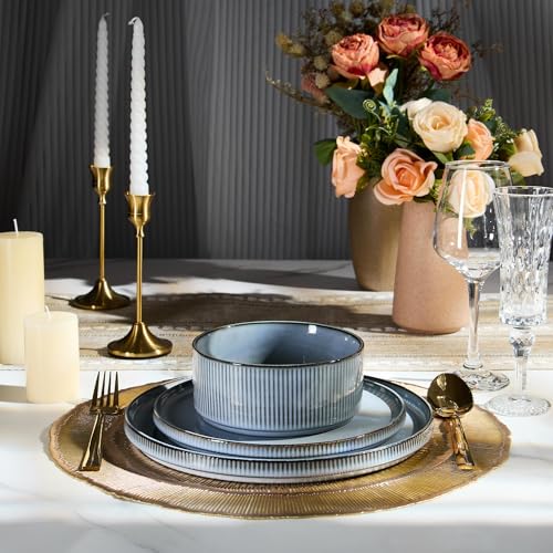 Image of E-far Stoneware Dinnerware Sets, 18-Pieces Modern Plates and Bowls Sets, Kitchen Dinning Porcelain Dishes Set for 6, Chip & Scratch Resistant, Dishwasher & Microwave Safe, Dusty Blue