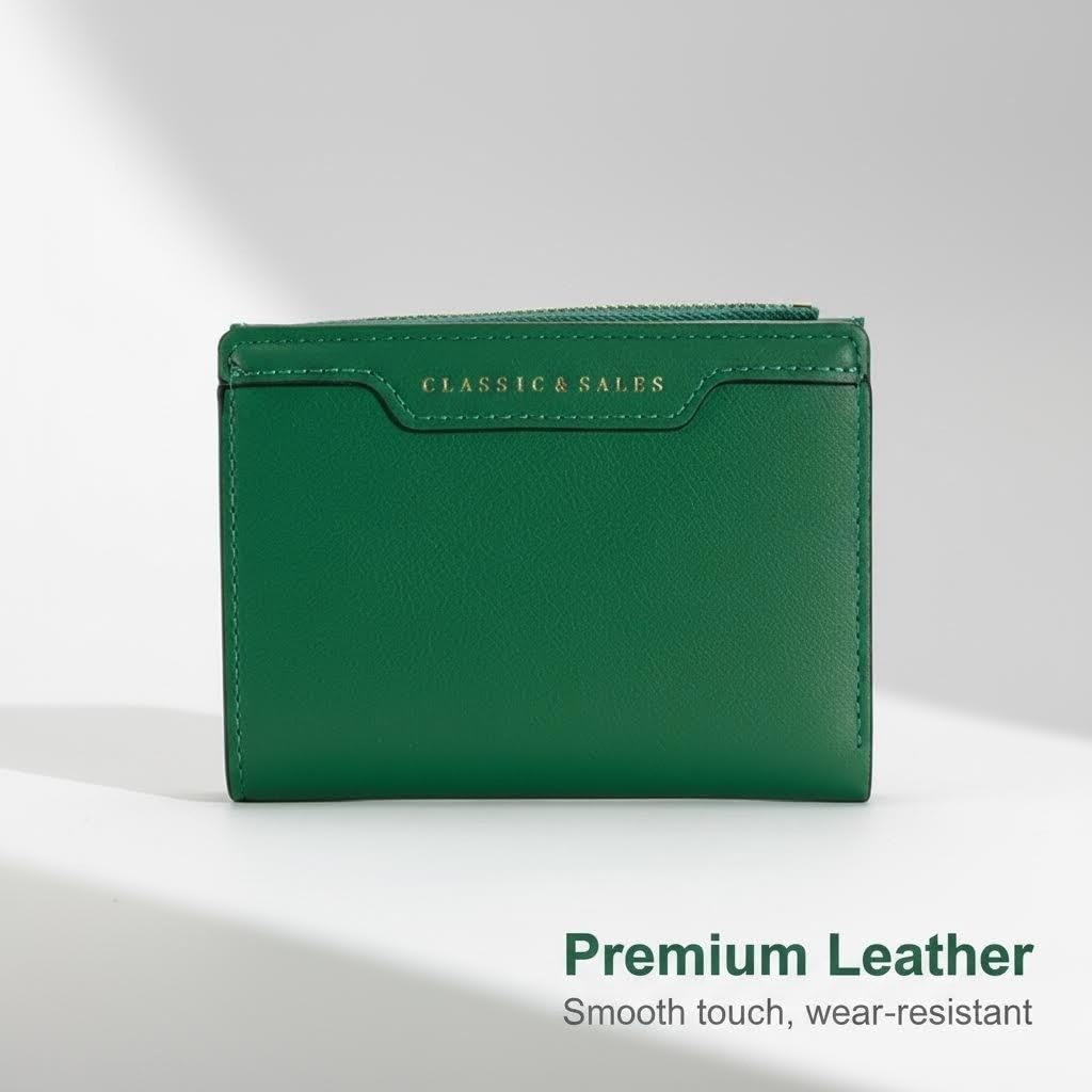Slim Genuine Leather Wallet for Women Bifold/Trifold Compact with Zipper Pocket Black (Green)