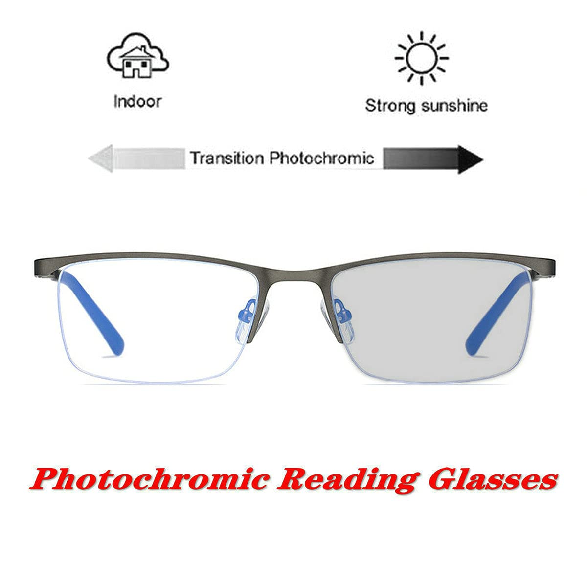 laureles/Men's Transition Eyewear 2020 Fashion Square Metal Half Frame Grey Photochromic Reading Glasses (Grey, 0)