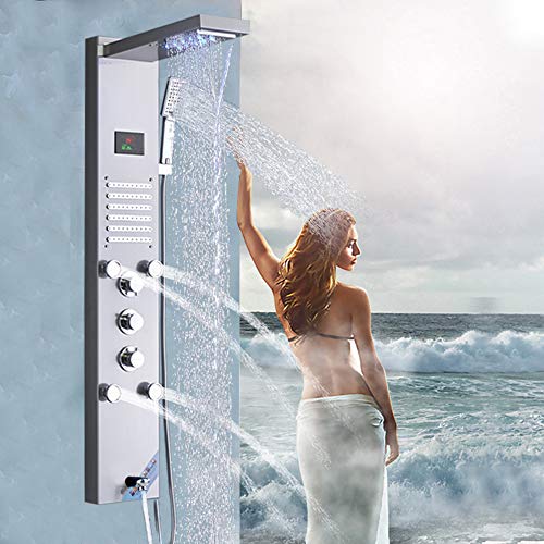 Panel de Ducha Torre Multifunción con Pantalla Digital, Cabezal de Ducha Lluvia, Chorros de Masaje, Salida para Bañera y Duchador de Mano, Acabado Mate miniatura 2