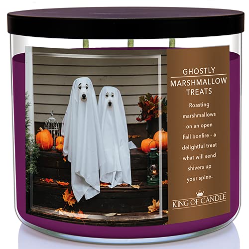 Ghostly Marshmallow Treats | Toasted Campfire Marshmallow Scented Halloween Fall Candles | Large 3 Wick Purple Soy Wax | Cute Dog Ghost Spooky Candle | USA Made Large 14 oz + Decorative Lid