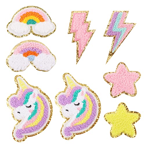 8Pcs Patch Thermocollant Enfants Arc-en-Ciel Licorne Vêtement Chenille Patches Brodé Applique Ecusson Coudre pour Vêtements Chapeaux Jeans Bricolage