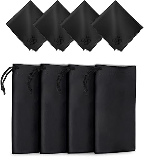 Microfiber Glasses Pouch and Cloth 4 Set Protect Eyewear Scratches Smudges Dirt Ultra-Soft Lens Cloth Bags w Drawstrings