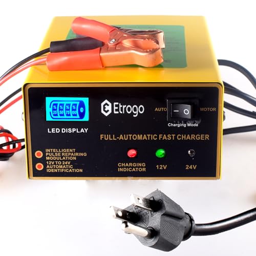 Etrogo Chargeur de batterie de voiture intelligent 12V 24V 10A Mainteneur 250W entièrement automatique avec écran, réparation par impulsions pour voiture bateau moto tondeuse à gazon batterie au