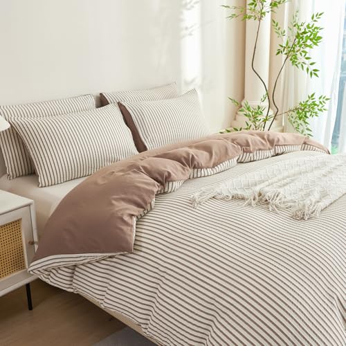 Image of Brown Striped Comforter Set Queen - 3 Pieces Bedding Comforter Set for All Season, Soft Lightweight Washed Microfiber, 1 Striped Comforter and 2 Pillowcases (Brown, Queen Size)