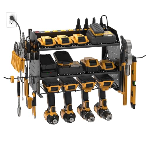 CRST Power Tool Organizer Wall Mount with Charging Station Cordless Drill Holder with 8-Outlet Heavy Duty Power Strip, Modular Garage Organization Storage Rack Shelf,Gift for Men Black