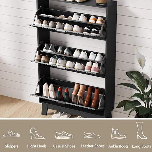 Image of Shoe Cabinet Storage for Entryway with 3 Flip Drawers, Fluted Narrow Shoe Organizer with Wooden Legs, Freestanding Slim Shoe Storage Hidden Shoe Rack Organizer for Front Door Entrance, Hallway, Black