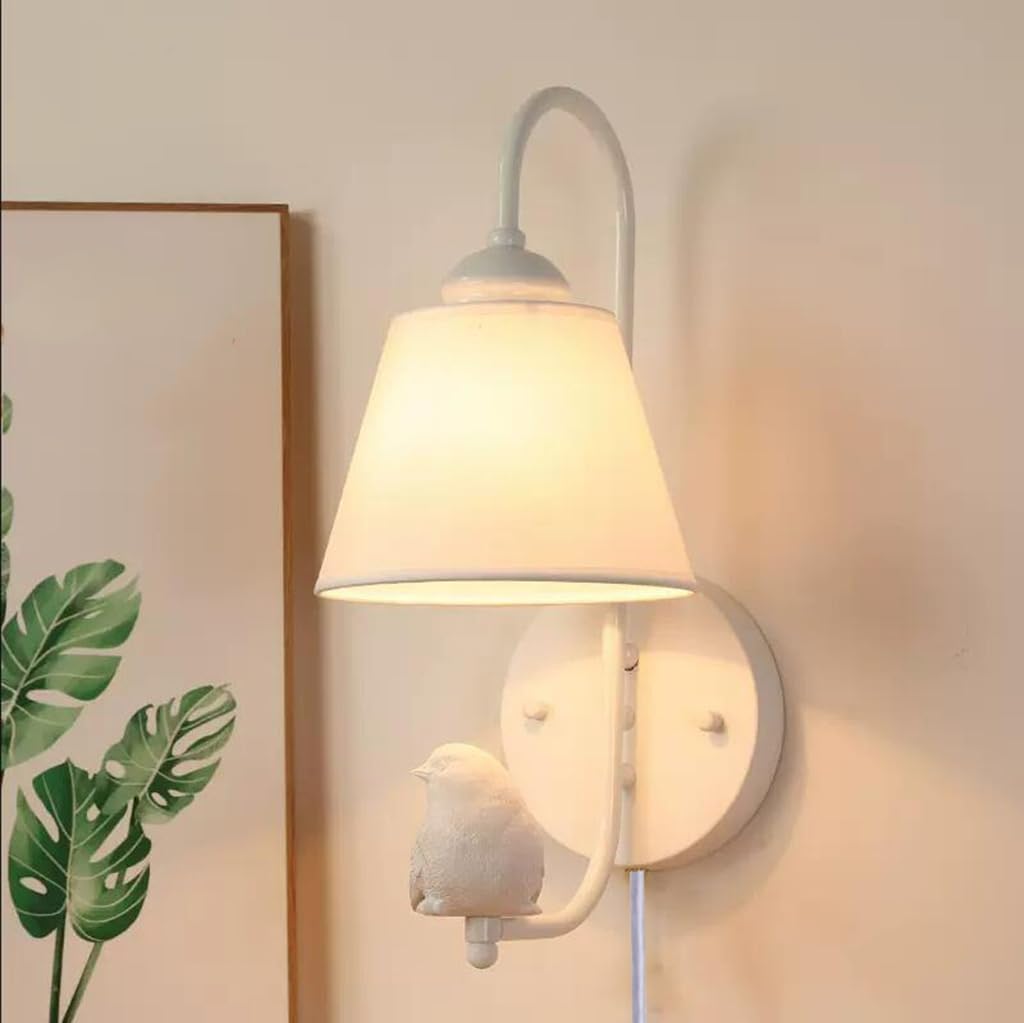 Plug-in Children's Wall Lamp E14 Retro Bedroom Bedside Metal and Cloth Shade Wall Sconces (Color : Red)