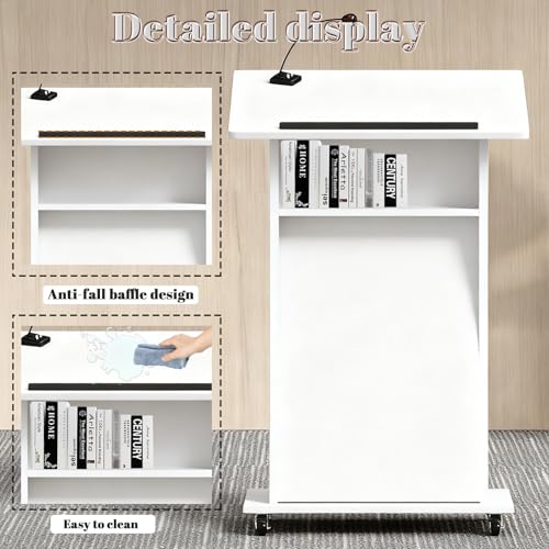 Image of Portable Rolling Wooden Podium Stand with Lockable Wheels, 42.5 inch Height, Lightweight White Lectern for Churches, Presentations & Events, Mobile Pulpit for Easy Use