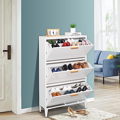 Shoe Cabinet for Entryway,Narrow Metal Shoe Storage Cabinet,Freestanding Shoe Organzier Cabinet with 3 Drawers,18-24 Pair Large Shoe Rack Cabinet for Heels,Boots,Slippers,and Sneakers,White Color Shoe Cabinet for Entryway,Narrow Metal Shoe Storage Cabinet,Freestanding Shoe Organzier Cabinet with 3 Drawers,18-24 Pair Large Shoe Rack Cabinet for Heels,Boots,Slippers,and Sneakers,White Color