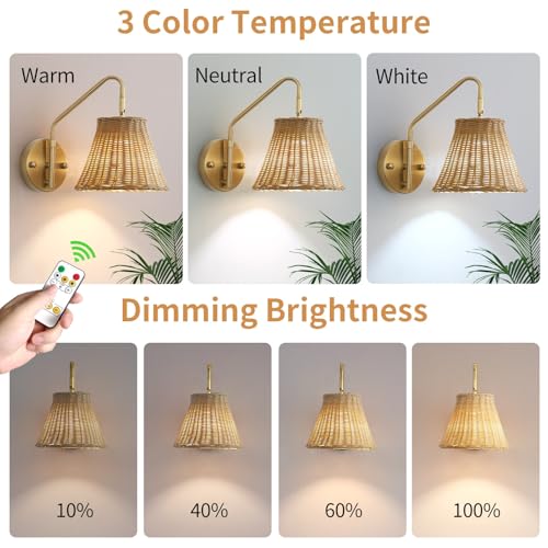 Image of Boho Battery Operated Wall Sconce, 100% Natural Rattan Wall Sconces Set of Two Battery Operated, Adjustable Battery Wall Sconce, Remote Rechargeable Sconce, Wirless Battery Sconces for Bedroom