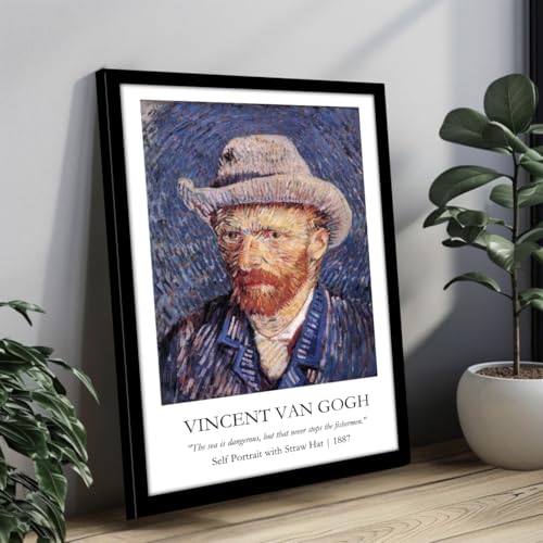 Image of Waltractive Vincent Van Gogh Paintings Framed Poster with Beautiful Quotes - Available in 33x22 and 48x33 CM - Classic Art Poster with sleek Black Frame - Elegant Home and Office Decor (Self-Portrait with Straw Hat, 9x13 Inch, Framed)