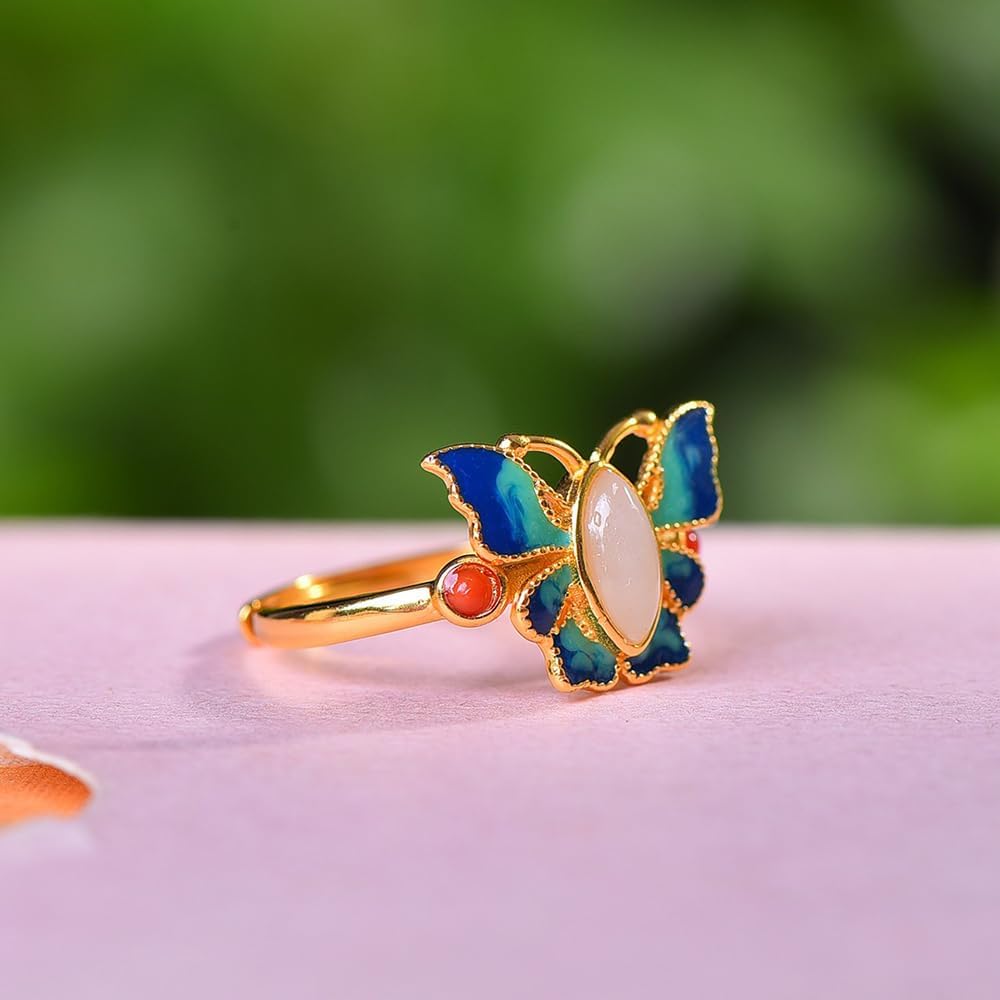 S925 Silver-Inlaid Natural White Jade Butterfly Enamel Ring with Adjustable Opening and Including Certificate