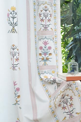 Image of Tranquebar Curtain Co. Window Curtains 5 Feet, 60-65% Room Darkening, Pink Floral Print, Cotton Curtains for Window, Cotton Curtains 5 Feet Long Set of 2, BackTabs, Sashi (152 cm) - Set of 2