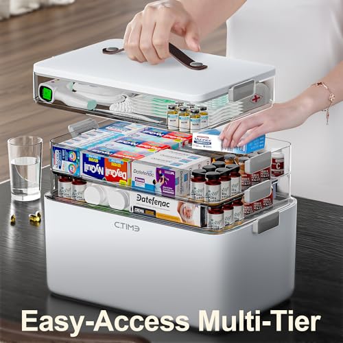 Image of CTIME 4-Tier XL Medicine Organizer - Portable Medicine Cabinet with Leather Handle, Empty First Aid Kit for Home Organization Must, School, Dormitory, Travel, RV, Dorm, Ideal Elderly Gift
