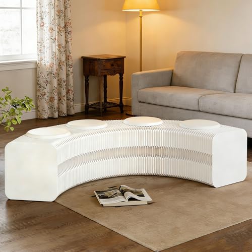 Image of Kraft Paper Rectangle Ottoman - Collapsible Stool with 3 Cushions, 330 lbs Honeycomb Folding Bench, Aesthetic Portable Stool, Entryway Bench & Space-Saving Vanity Seat (White-B, 4 Seats)