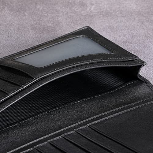 Image of HISCOW Full Grain Leather Men's Long Wallet, 15 Card Slots, Black Vegetable-Tanned Leather, One Size, Classic | Gusseted bill compartment, tall bifold design, clear ID window, ideal for coat pockets or briefcases, turned-edge, gift box