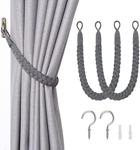 Pretty Jolly 2 Pack Natural Cotton Rope Curtain Tiebacks Elegant Boho Style Decorative Drape Tie Backs Soft Hand-Woven Rope Curtain Holdbacks with Metal Hook for Home & Office Drapery (Dark Blue)