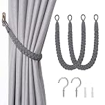 Pretty Jolly 2 Pack Natural Cotton Rope Curtain Tiebacks Elegant Boho Style Decorative Drape Tie Backs Soft Hand-Woven Rope Curtain Holdbacks with Metal Hook for Home & Office Drapery (Dark Grey)