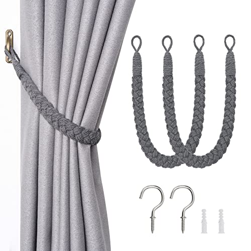 Pretty Jolly 2 Pack Natural Cotton Rope Curtain Tiebacks Elegant Boho Style Decorative Drape Tie Backs Soft Hand-Woven Rope Curtain Holdbacks with Metal Hook for Home & Office Drapery (Dark Grey)