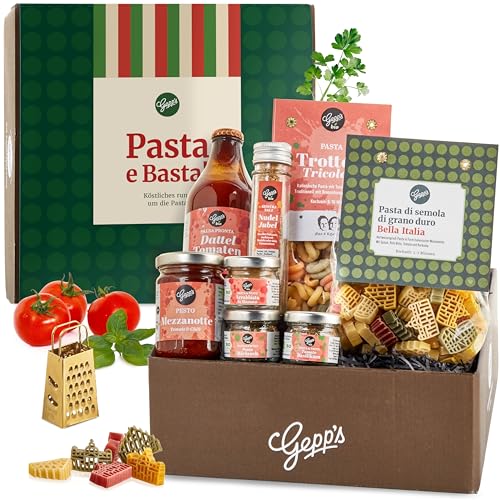 Gepp’s Feinkost Geschenkkorb für Pasta Liebhaber I Geschenkset mit italienischen Spezialitäten I Zwei Pasta & Pesto-Sorten, drei Sorten Pastagewürz und Kirsch- & Datteltomaten-Sauce & eine Reibe