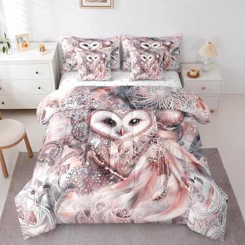 Erosebridal Wildlife Owl Twin Comforter Set 7 Piece Boho Dreamcatcher Bedding Set Wild Animal Bed in A Bag with Sheets for Boys Girls Teen,Exotic Tribal Feather Sheet Set with Comforter