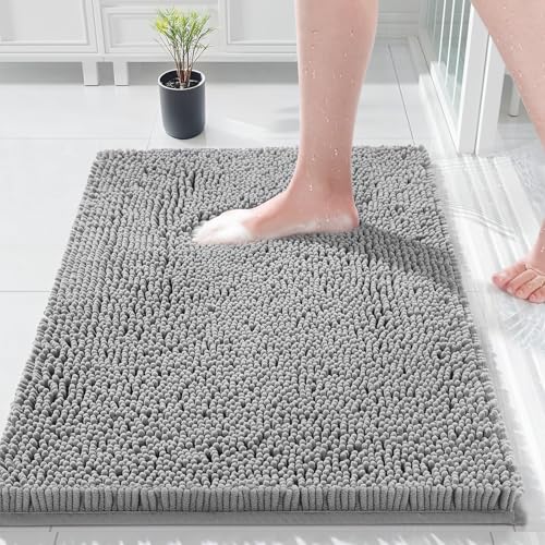 COMPOLICY Light Grey Bath Mat, Super Absorbent Bathroom Mat, Machine Washable Non, Slip Anti Mould, Shower Mats with 40 x 60CM, 1'' Chenille Microfiber Material for Bath Kitchen Living Room Door Mats