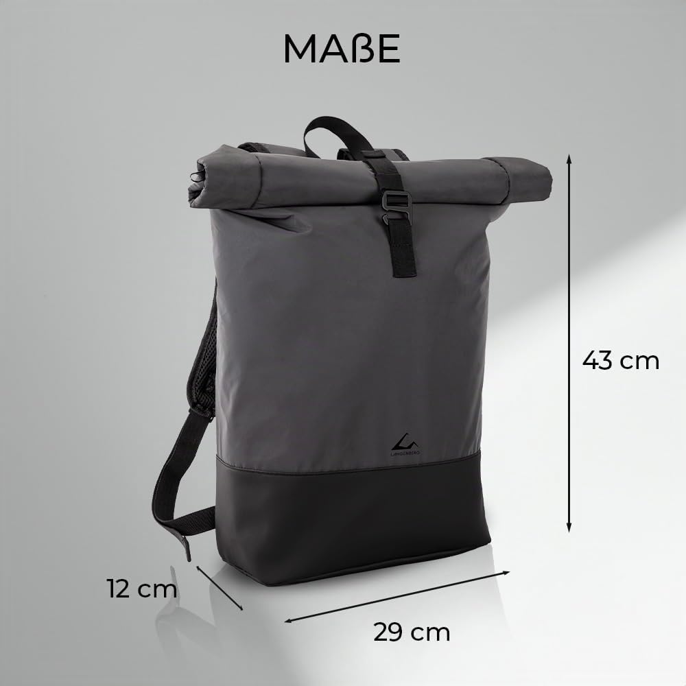 LANGENBERG Flash Rolltop Rucksack - Wasserabweisender und diebstahlsicherer Rucksack für Herren - 20 Liter Cityrucksack für Damen mit Laptopfach 16 Zoll - Reflektierender Fahrrad Rucksack