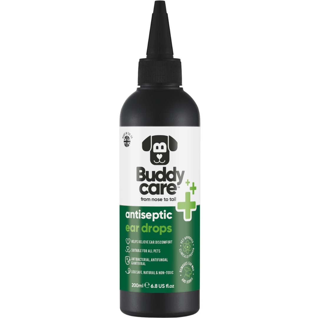 Buddycare Antyseptyczny środek do czyszczenia uszu dla psów, 200 ml, kojące krople do uszu dla zwierząt domowych, antyseptyczne krople do uszu, zatwierdzone przez weterynarza, antybakteryjne, krople