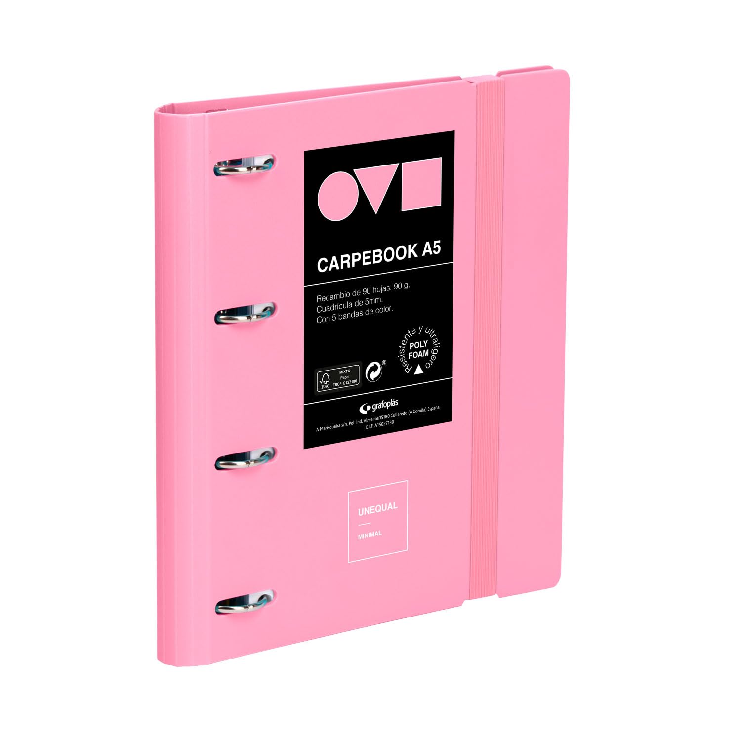 Grafoplas – 4 Ring Binder A4, Carpebook Polyfoam, Resistant and Ultralight, Minimal Pink Uniqual, Includes Refill, Dividers and Envelope, Perfect for Organizing School Subjects