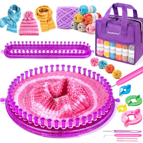 DoubleCare Zahnstrick-Webstuhl-Set mit Aufbewahrungstasche 2 Strickrahmen Garn Pompon-Maker Häkelnadel Anfängerfreundlich zum Selbermachen Decke Schal Stola Strickset Lila