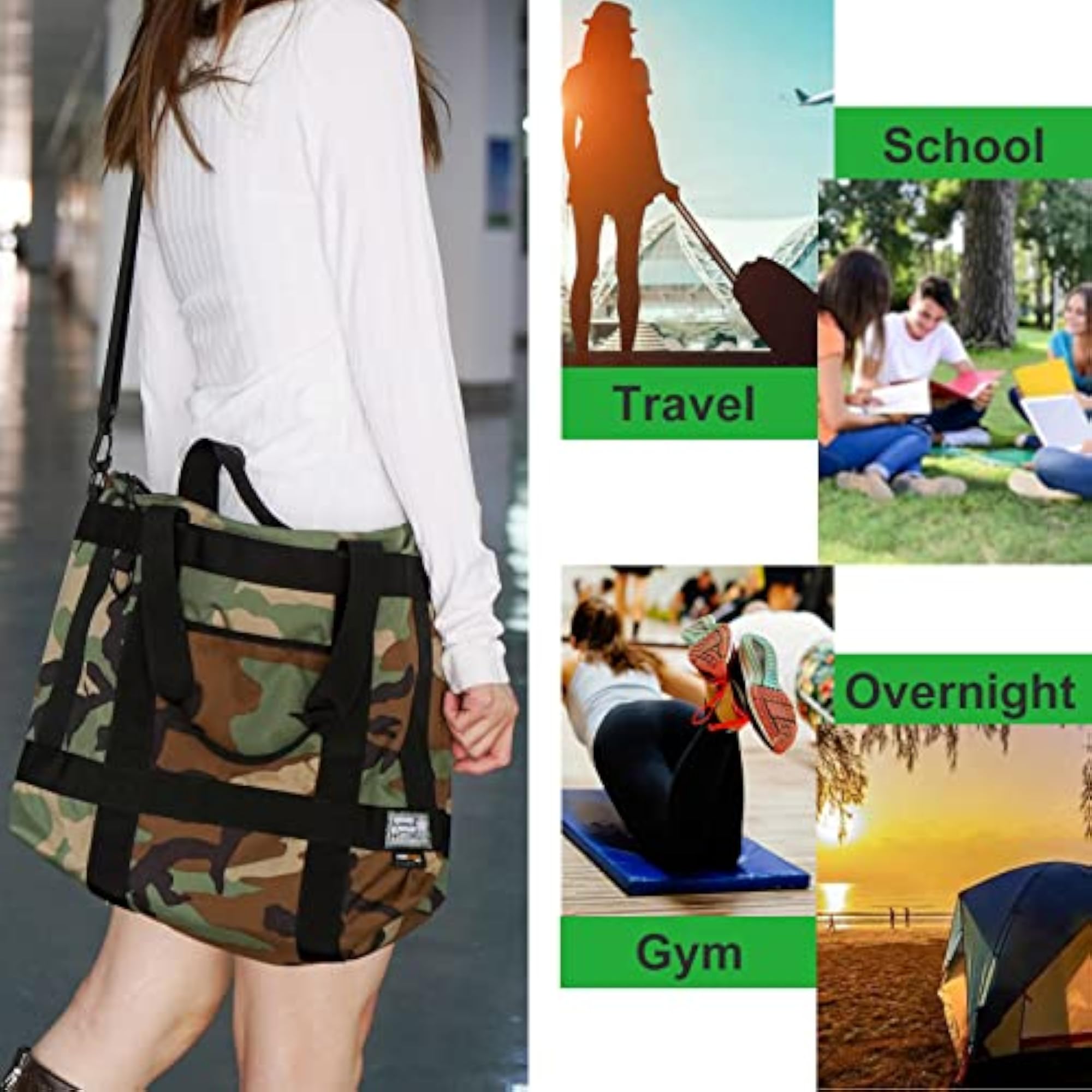 Large Tactical Green Camo Tote Bag with Zipper Compartments