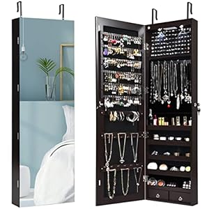 Giantex Wall Door Mounted Jewelry Armoire Cabinet with 47.5″ H Full Length Mirror, 2 LEDs Lockable Jewelry Organizer Box with Bracelet Rod, 2 Drawers, Large Storage Capacity (Espresso)