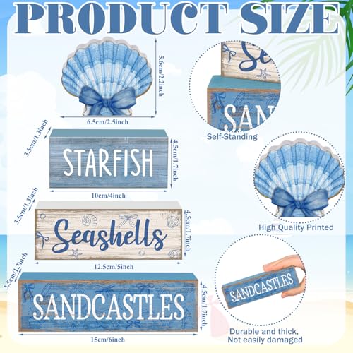 Image of Moucuny 4 Pcs Nautical Beach Decor Shell Tiered Tray Decoration Blue Bow Table Centerpieces Summer Rustic Decorative Block Signs Gift Farmhouse Table Sign for Home Kitchen Shelf