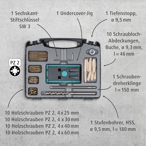 wolfcraft Undercover Jig-Set (Zuverlässige Bohrhilfe mit Schrauben für Holzverbindungen & das Bohren von Taschenlöchern, Im praktischen Kunststoffkoffer) 4642000 - 2