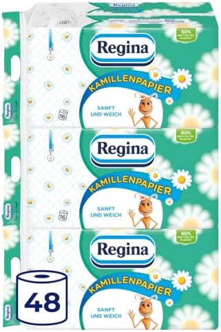 Regina Kamillenpapier, 96 Rollen Toilettenpapier, 3-lagig | 3 x 16 Einzelpackungen, 150 Blatt pro Rolle, Sanft und zuverlässig, Mit einem Hauch von Kamille, FSC-zertifiziertes Papi