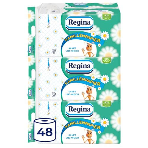 Regina Kamillenpapier 3-lagiges Toilettenpapier, 48 Rollen-Packung (3 x 16 Einzelpackungen), 150 Blatt pro Rolle, Sanft und zuverlässig, Mit einem Hauch von Kamille, FSC-zertifiziertes Papier