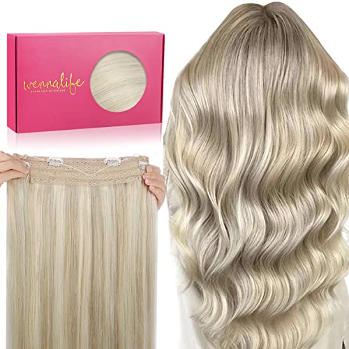 Image of WENNALIFE Wire Hair Extensions Real Human Hair 14 inch 75g Ash Blonde Highlighted Platinum Blonde Remy Hair Extensions Invisible