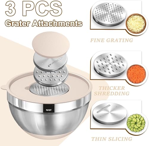 Image of Stainless Steel Mixing Bowls with Lids Set, 3 Grater Attachments, Airtight Lids, Non-Slip Silicone Base Mixing Bowl Set, Large Prep Metal Mixing Bowls for Kitchen, Khaki